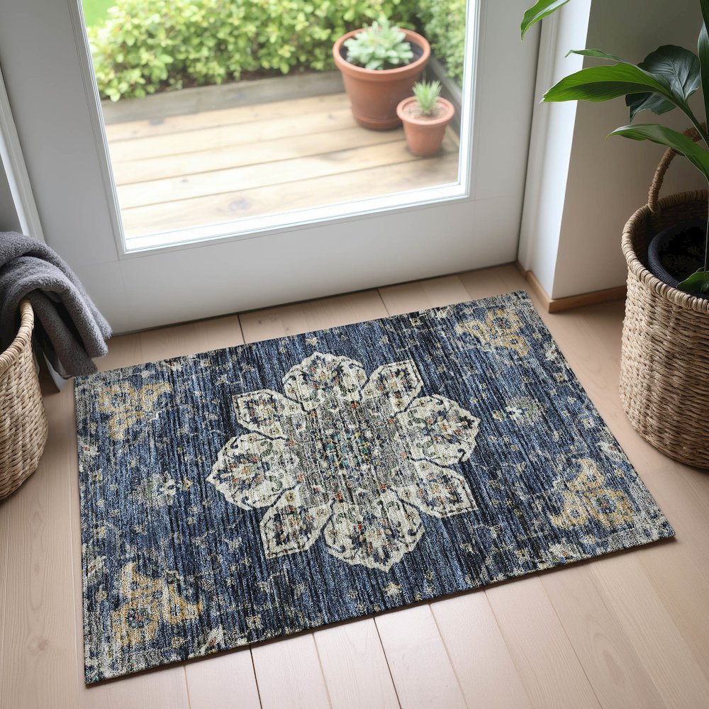 Indoor/Outdoor Silk Road Navy 1'8" x 2'6" Rug. Picture 5