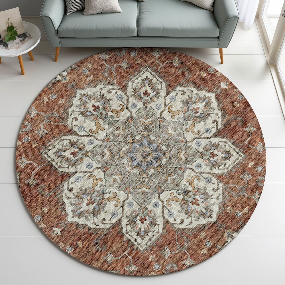Indoor/Outdoor Silk Road Paprika 8' x 8' Round Rug. Picture 5