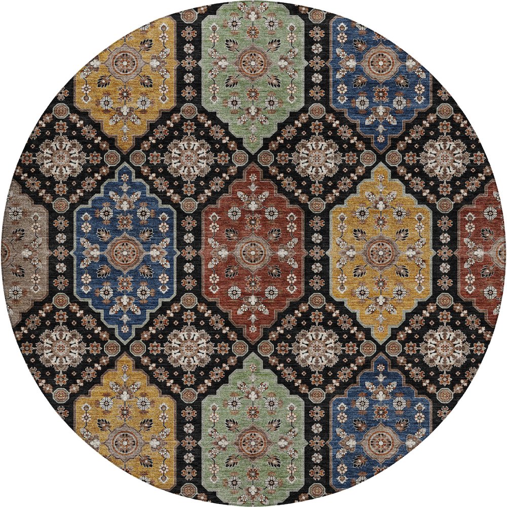 Indoor/Outdoor Silk Road Black 8' x 8' Round Rug. Picture 1