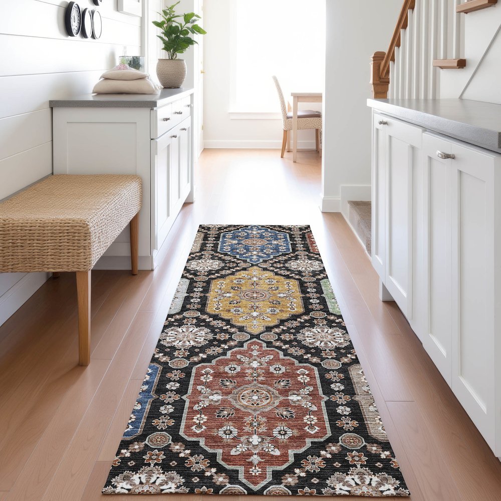 Indoor/Outdoor Silk Road Black 2'3" x 7'6" Runner Rug. Picture 5