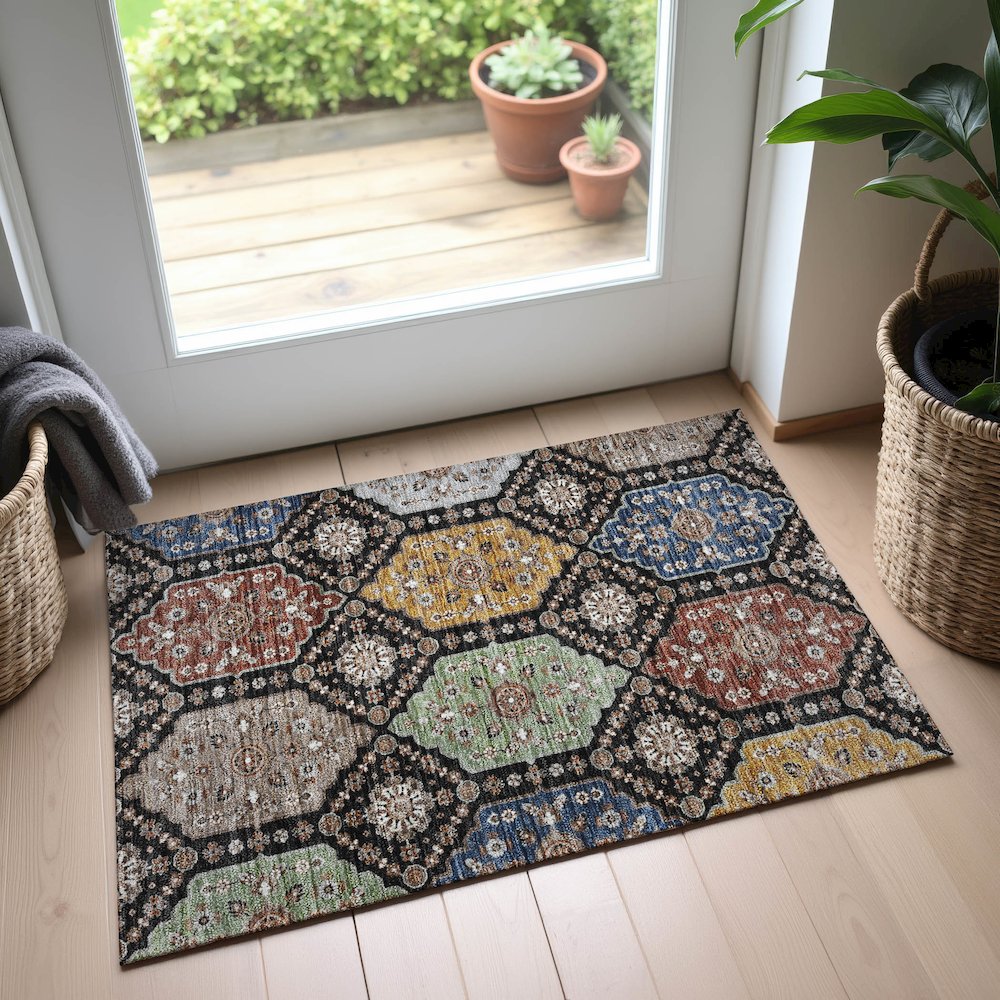 Indoor/Outdoor Silk Road Black 1'8" x 2'6" Rug. Picture 5