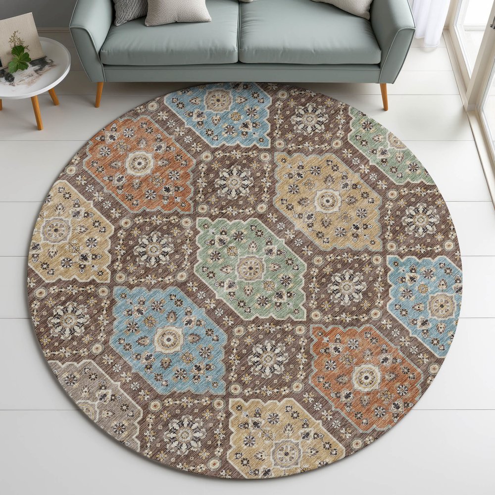 Indoor/Outdoor Silk Road Chocolate 8' x 8' Round Rug. Picture 5