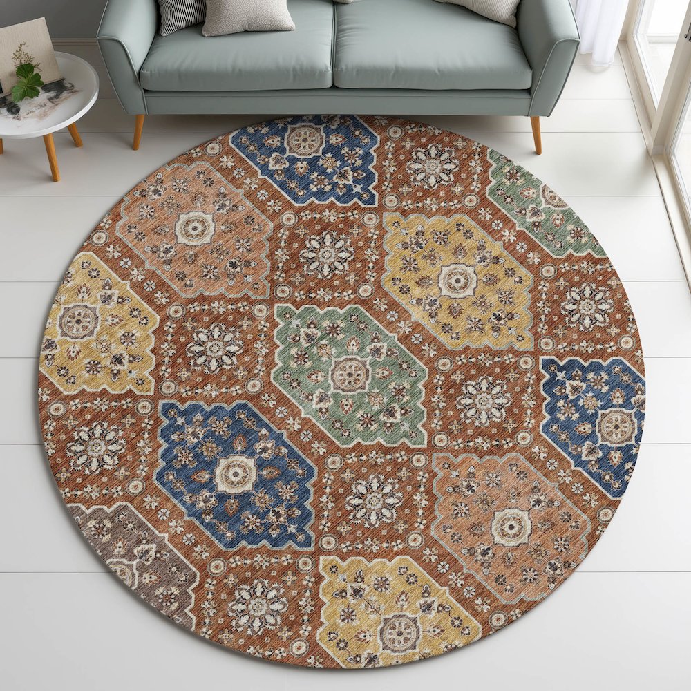 Indoor/Outdoor Silk Road Paprika 8' x 8' Round Rug. Picture 5