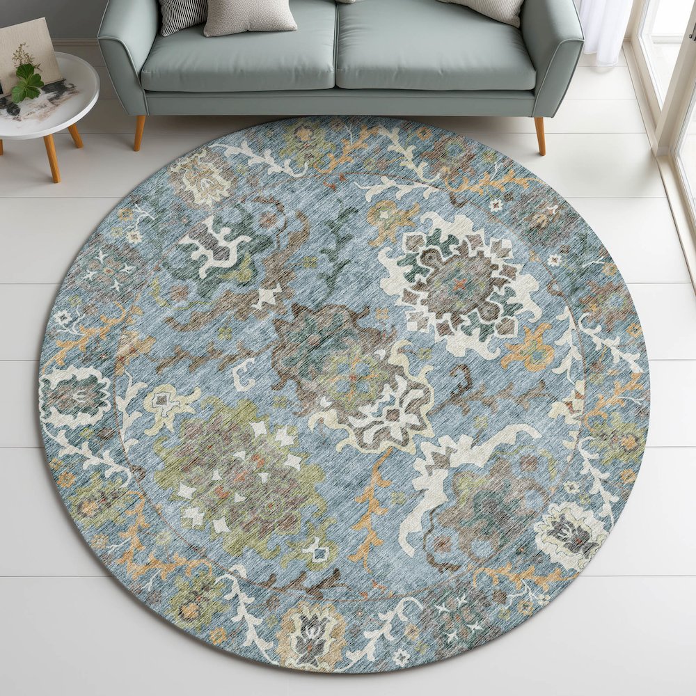 Indoor/Outdoor Silk Road Aqua 8' x 8' Round Rug. Picture 5