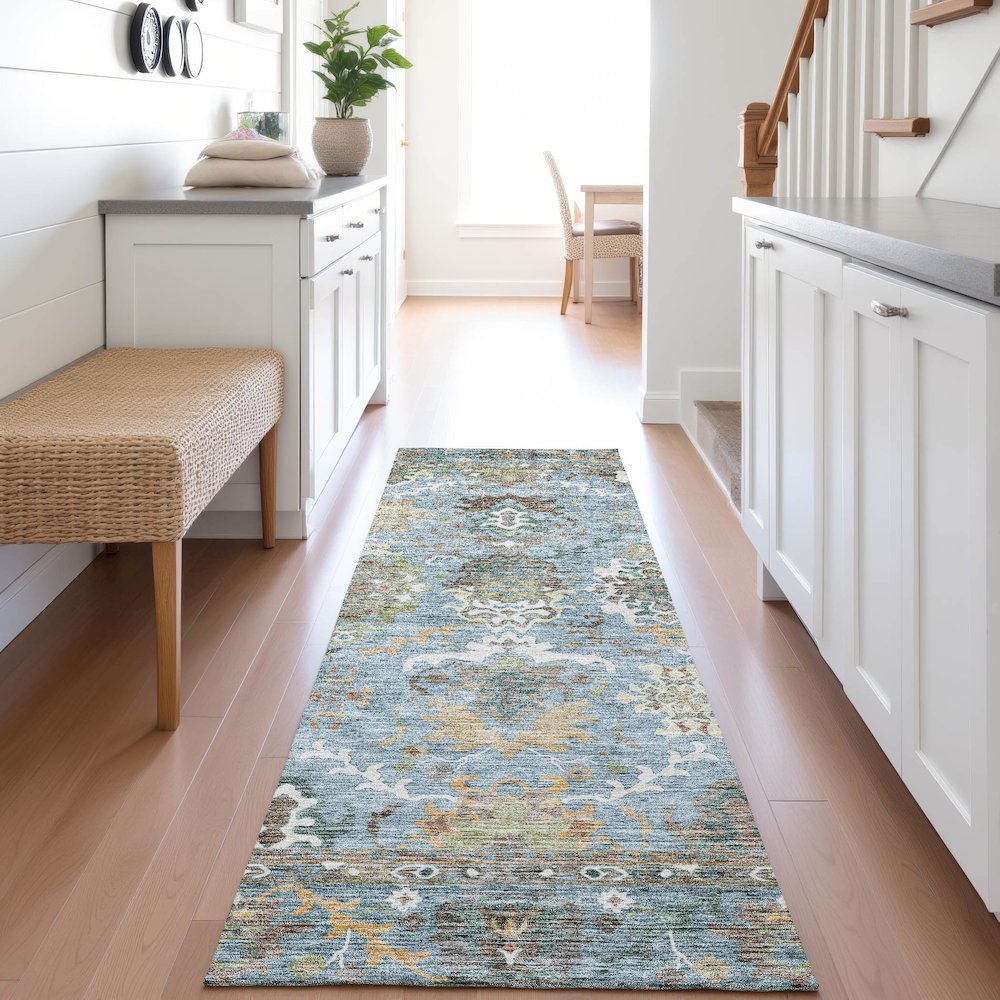 Indoor/Outdoor Silk Road Aqua 2'3" x 7'6" Runner Rug. Picture 5