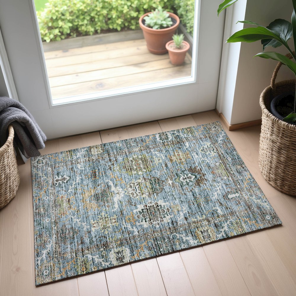 Indoor/Outdoor Silk Road Aqua 1'8" x 2'6" Rug. Picture 5