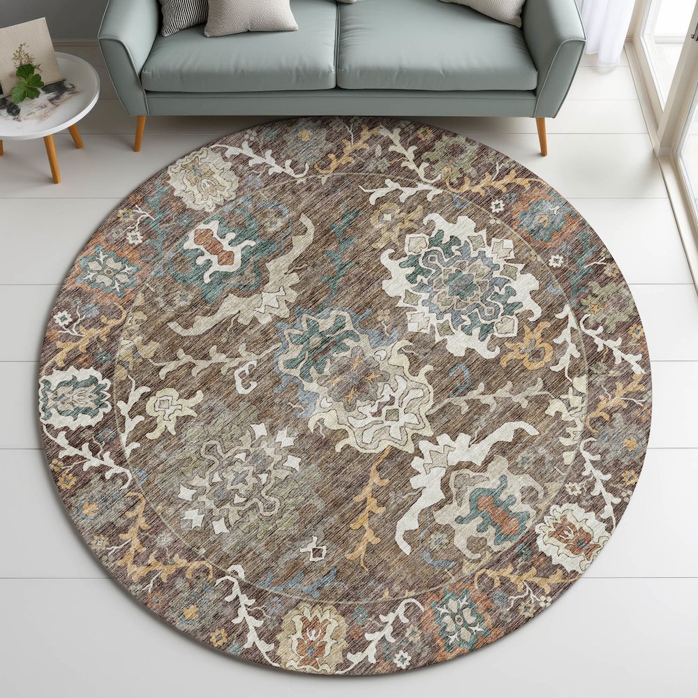Indoor/Outdoor Silk Road Chocolate 8' x 8' Round Rug. Picture 5