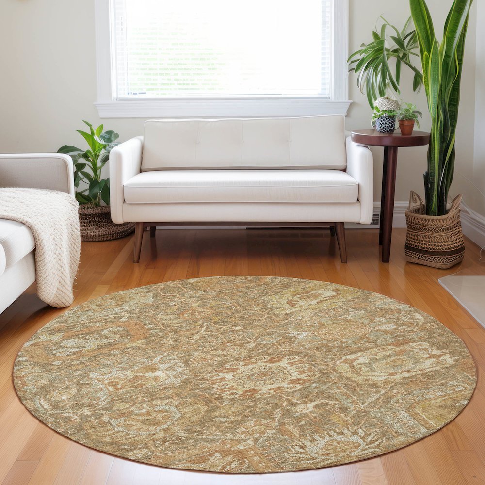 Luxury Washable Indoor/Outdoor Tabrook Khaki 8' x 8' Round Rug. Picture 5