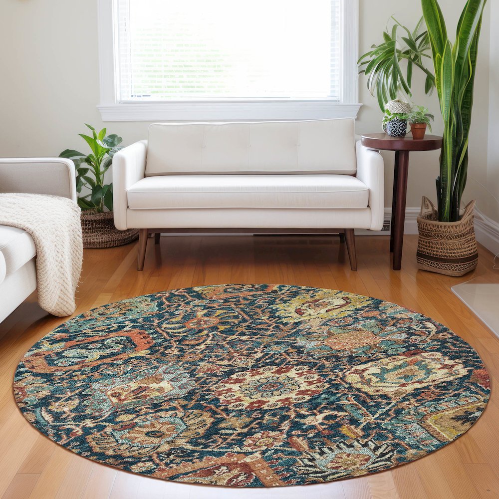 Luxury Washable Indoor/Outdoor Tabrook Navy 8' x 8' Round Rug. Picture 5