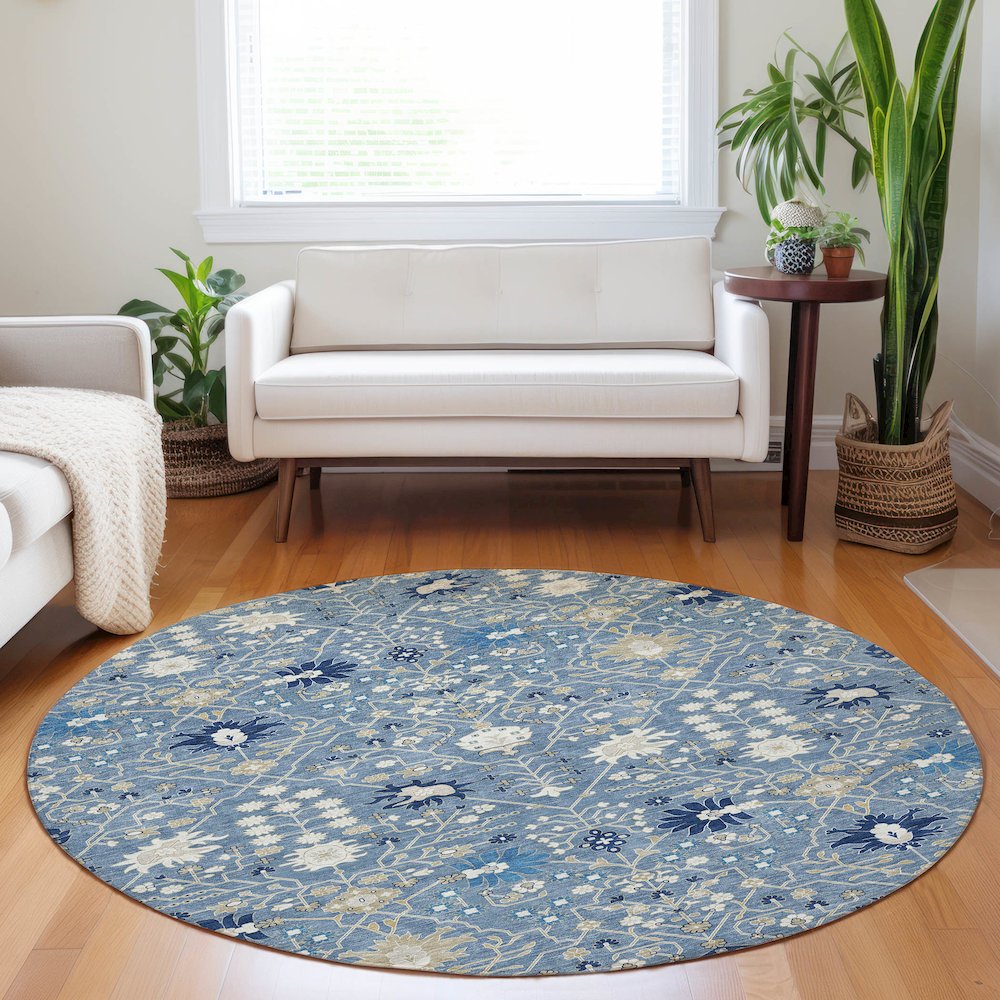 Luxury Washable Indoor/Outdoor Tabrook Denim 8' x 8' Round Rug. Picture 5