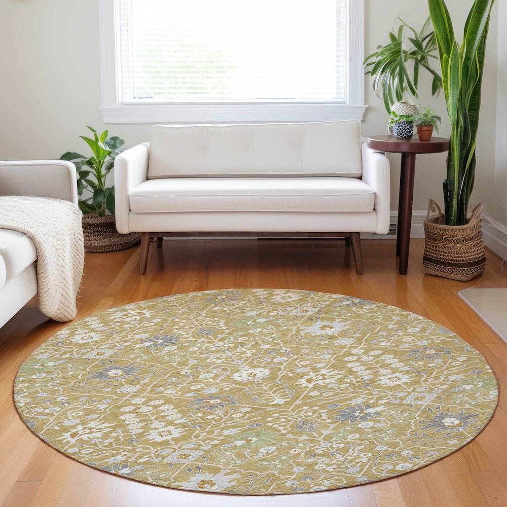 Luxury Washable Indoor/Outdoor Tabrook Gold 8' x 8' Round Rug. Picture 5