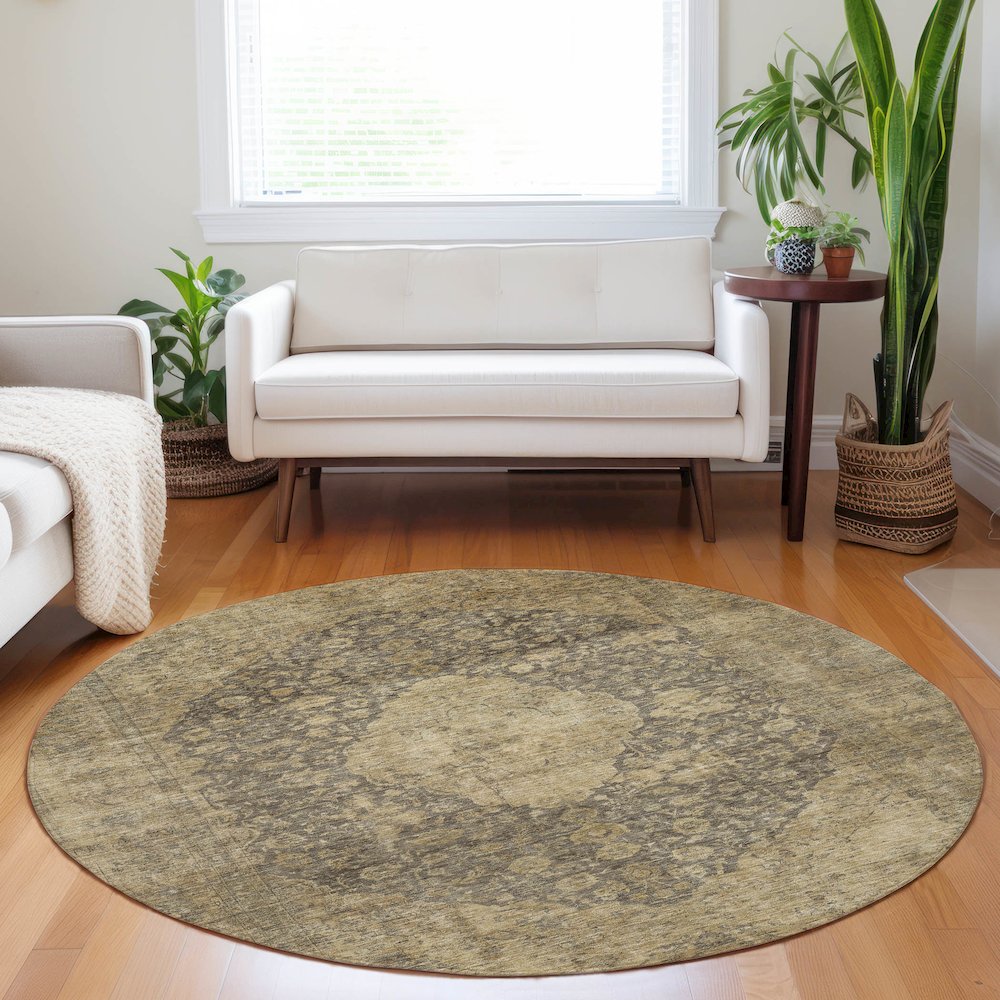 Luxury Washable Indoor/Outdoor Tabrook Mocha 8' x 8' Round Rug. Picture 5