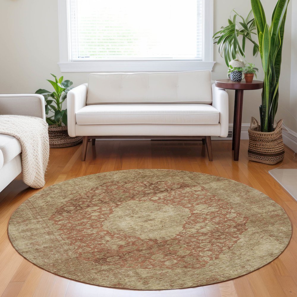 Luxury Washable Indoor/Outdoor Tabrook Paprika 8' x 8' Round Rug. Picture 5