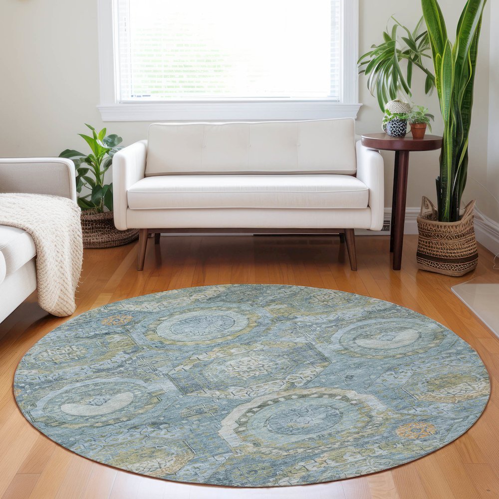 Luxury Washable Indoor/Outdoor Tabrook Blue 8' x 8' Round Rug. Picture 5