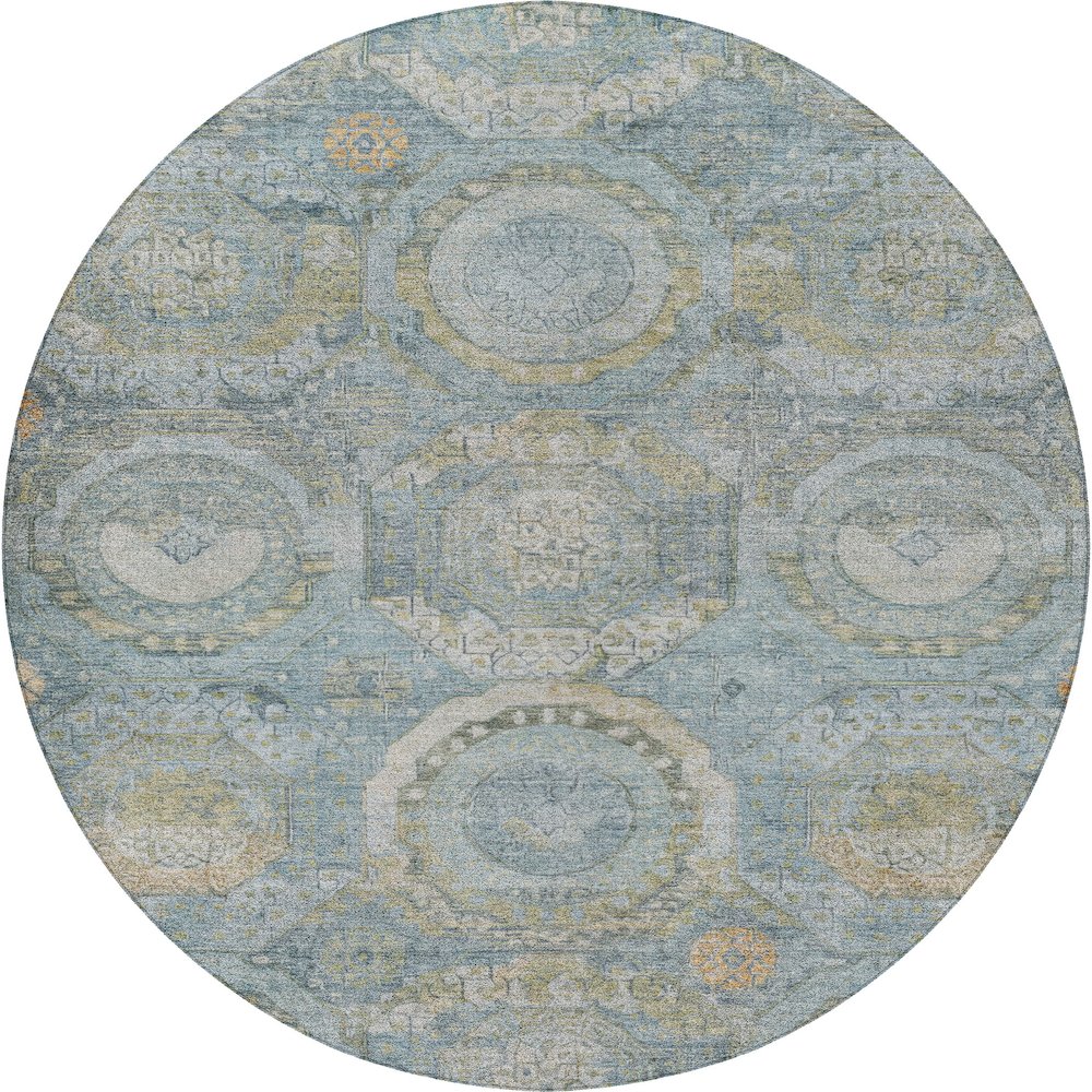Luxury Washable Indoor/Outdoor Tabrook Blue 8' x 8' Round Rug. Picture 1