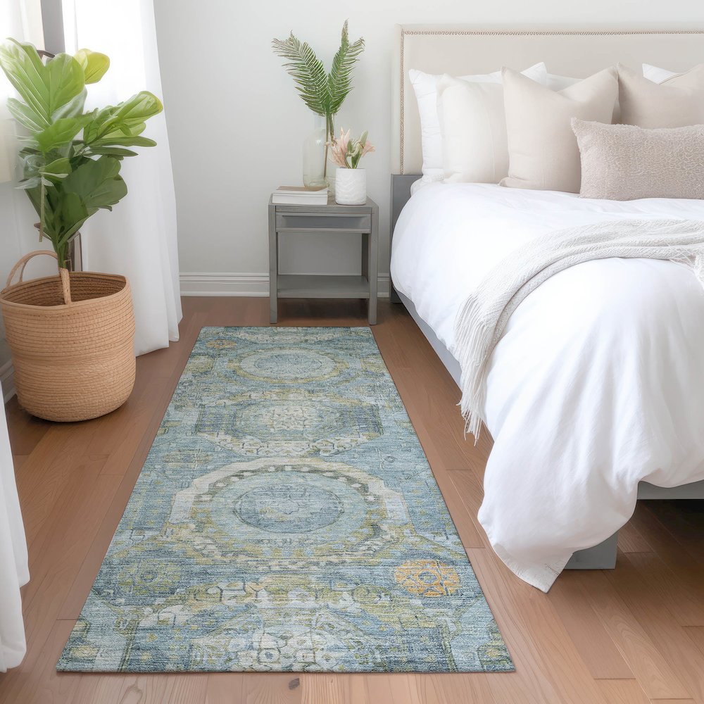 Luxury Washable Indoor/Outdoor Tabrook Blue 2'3" x 7'6" Runner Rug. Picture 5