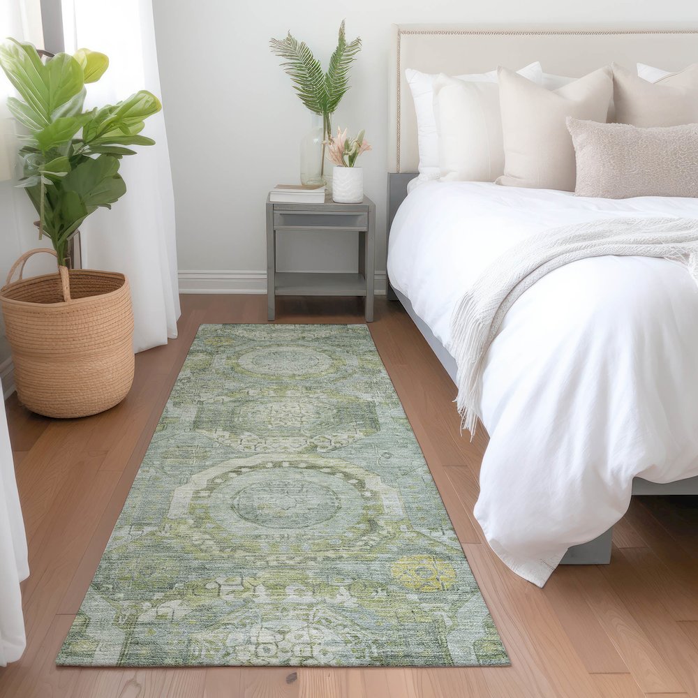 Luxury Washable Indoor/Outdoor Tabrook Sage 2'3" x 7'6" Runner Rug. Picture 5