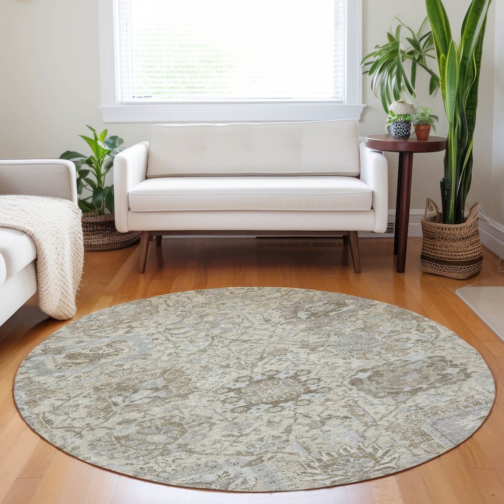 Luxury Washable Indoor/Outdoor Tabrook Ivory 8' x 8' Round Rug. Picture 5