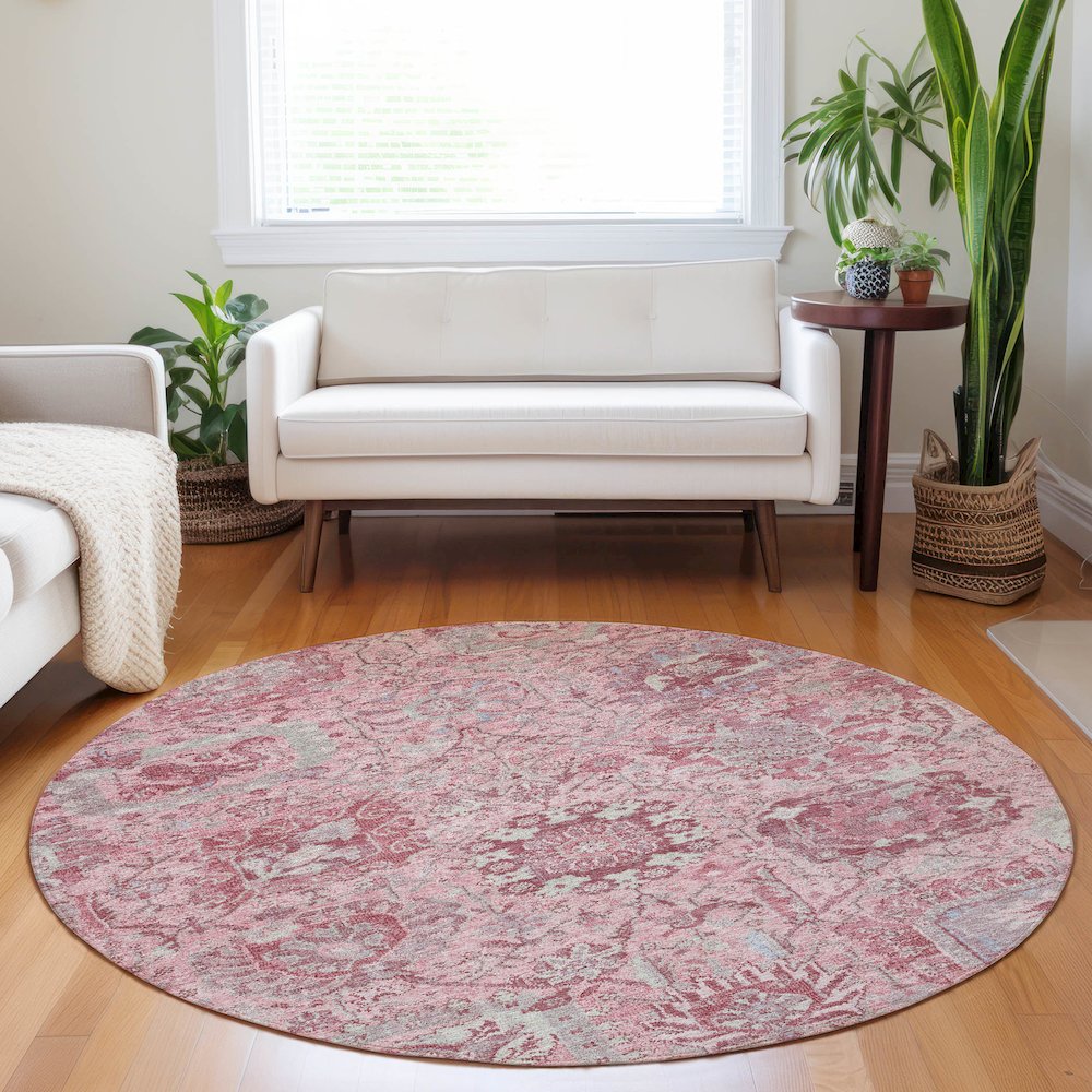 Luxury Washable Indoor/Outdoor Tabrook Pink 8' x 8' Round Rug. Picture 5