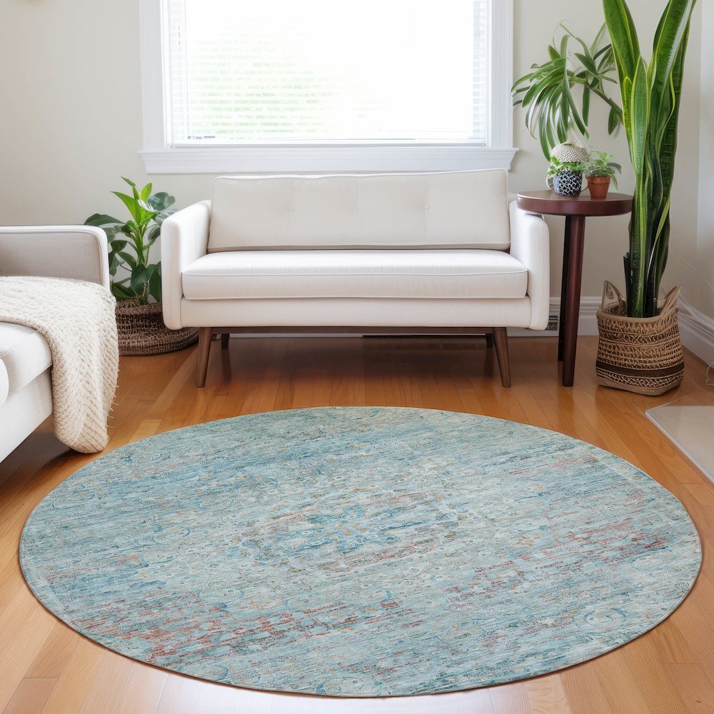 Luxury Washable Indoor/Outdoor Tabrook Sky 8' x 8' Round Rug. Picture 5