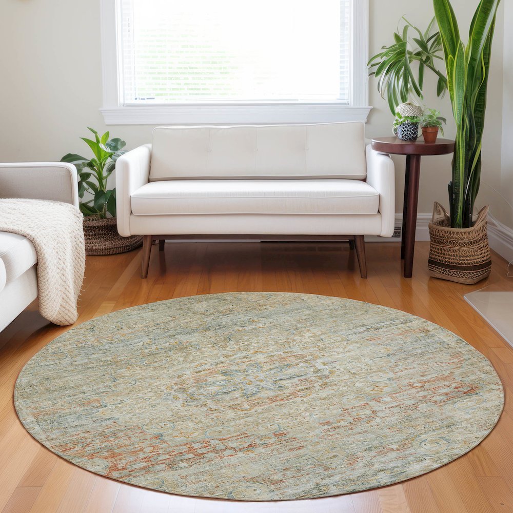 Luxury Washable Indoor/Outdoor Tabrook Tan 8' x 8' Round Rug. Picture 5