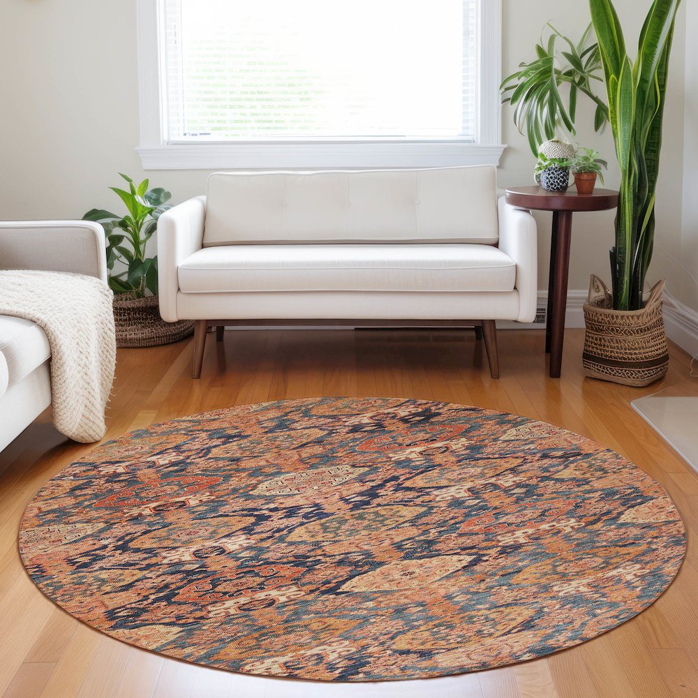 Luxury Washable Indoor/Outdoor Tabrook Terracotta 8' x 8' Round Rug. Picture 5