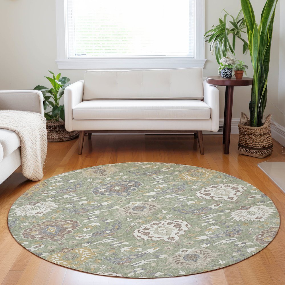 Luxury Washable Indoor/Outdoor Tabrook Aloe 8' x 8' Round Rug. Picture 5