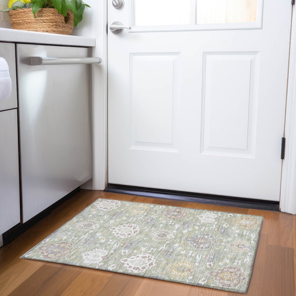 Luxury Washable Indoor/Outdoor Tabrook Aloe 1'8" x 2'6" Rug. Picture 5