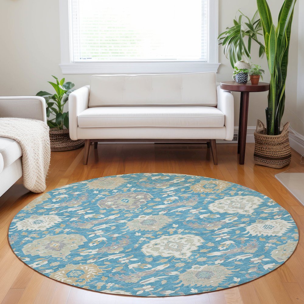 Luxury Washable Indoor/Outdoor Tabrook Blue 8' x 8' Round Rug. Picture 5