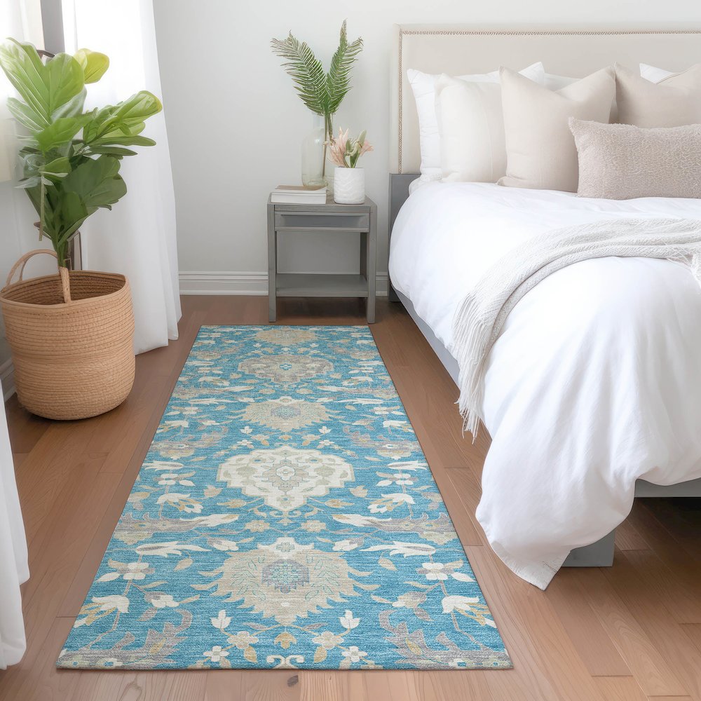 Luxury Washable Indoor/Outdoor Tabrook Blue 2'3" x 7'6" Runner Rug. Picture 5