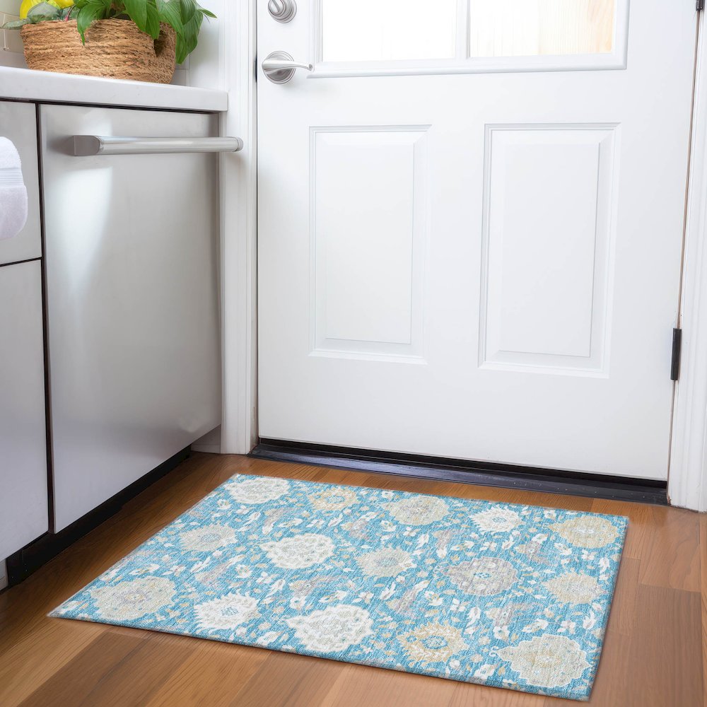 Luxury Washable Indoor/Outdoor Tabrook Blue 1'8" x 2'6" Rug. Picture 5