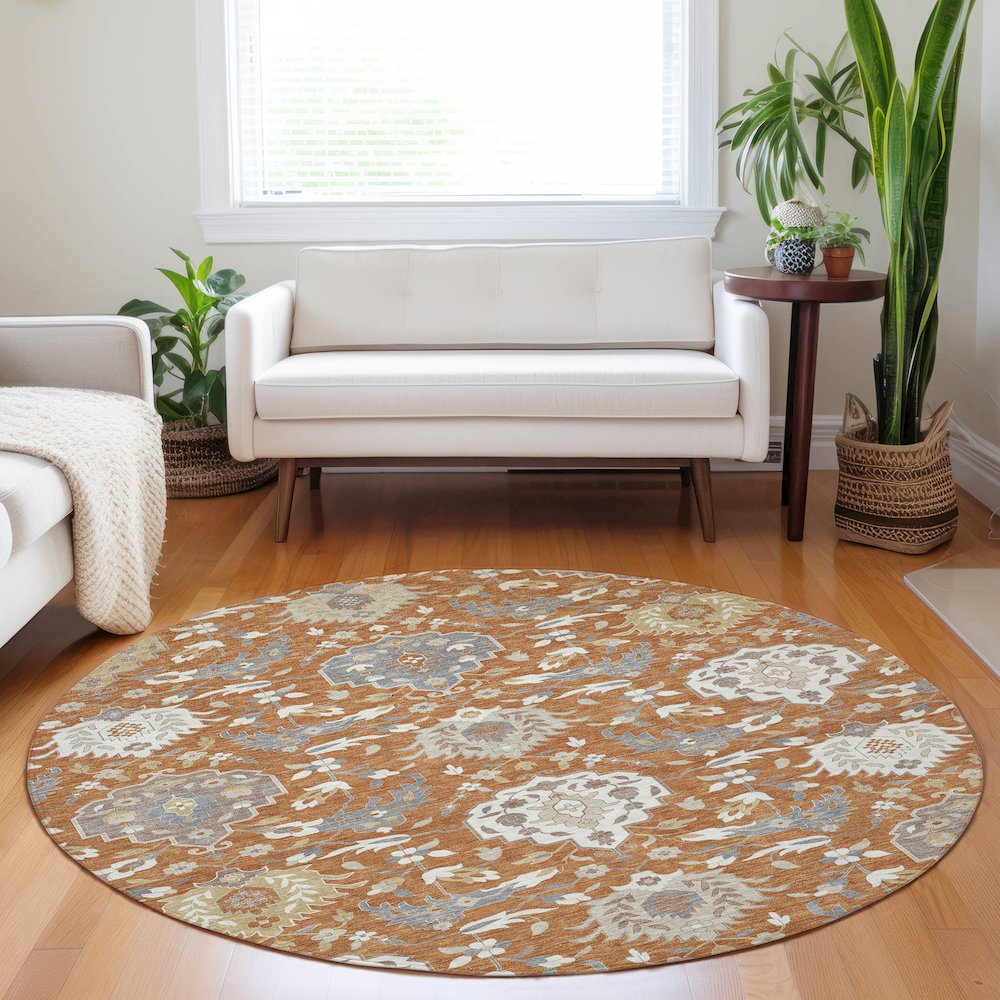 Luxury Washable Indoor/Outdoor Tabrook Copper 8' x 8' Round Rug. Picture 5