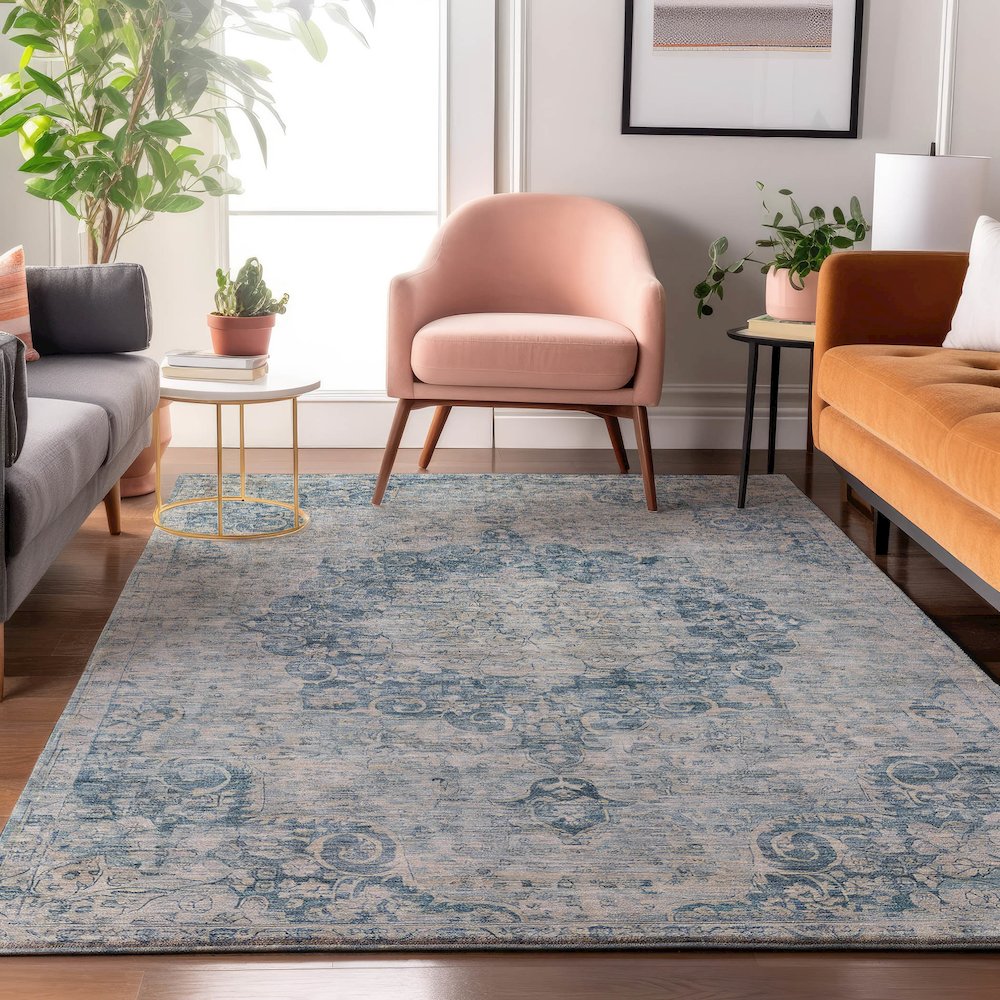 Luxury Washable Indoor/Outdoor Tabrook Blue 2'6" x 3'10" Rug. Picture 5