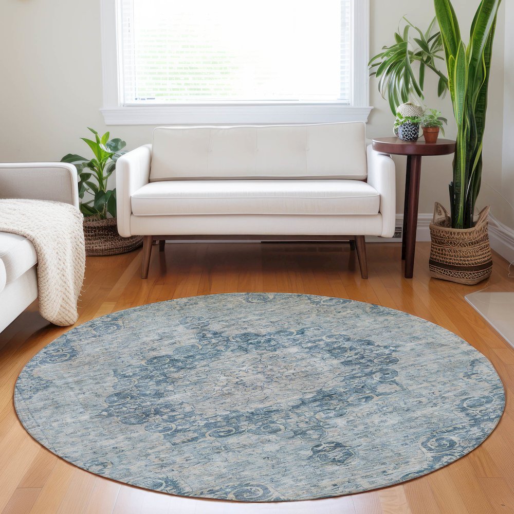 Luxury Washable Indoor/Outdoor Tabrook Blue 8' x 8' Round Rug. Picture 5