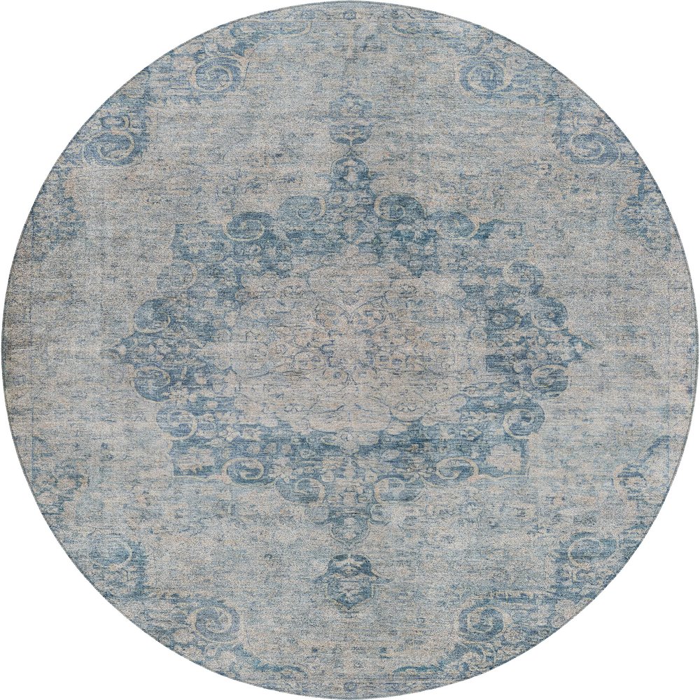 Luxury Washable Indoor/Outdoor Tabrook Blue 8' x 8' Round Rug. Picture 1