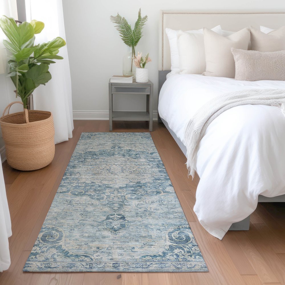 Luxury Washable Indoor/Outdoor Tabrook Blue 2'3" x 7'6" Runner Rug. Picture 5