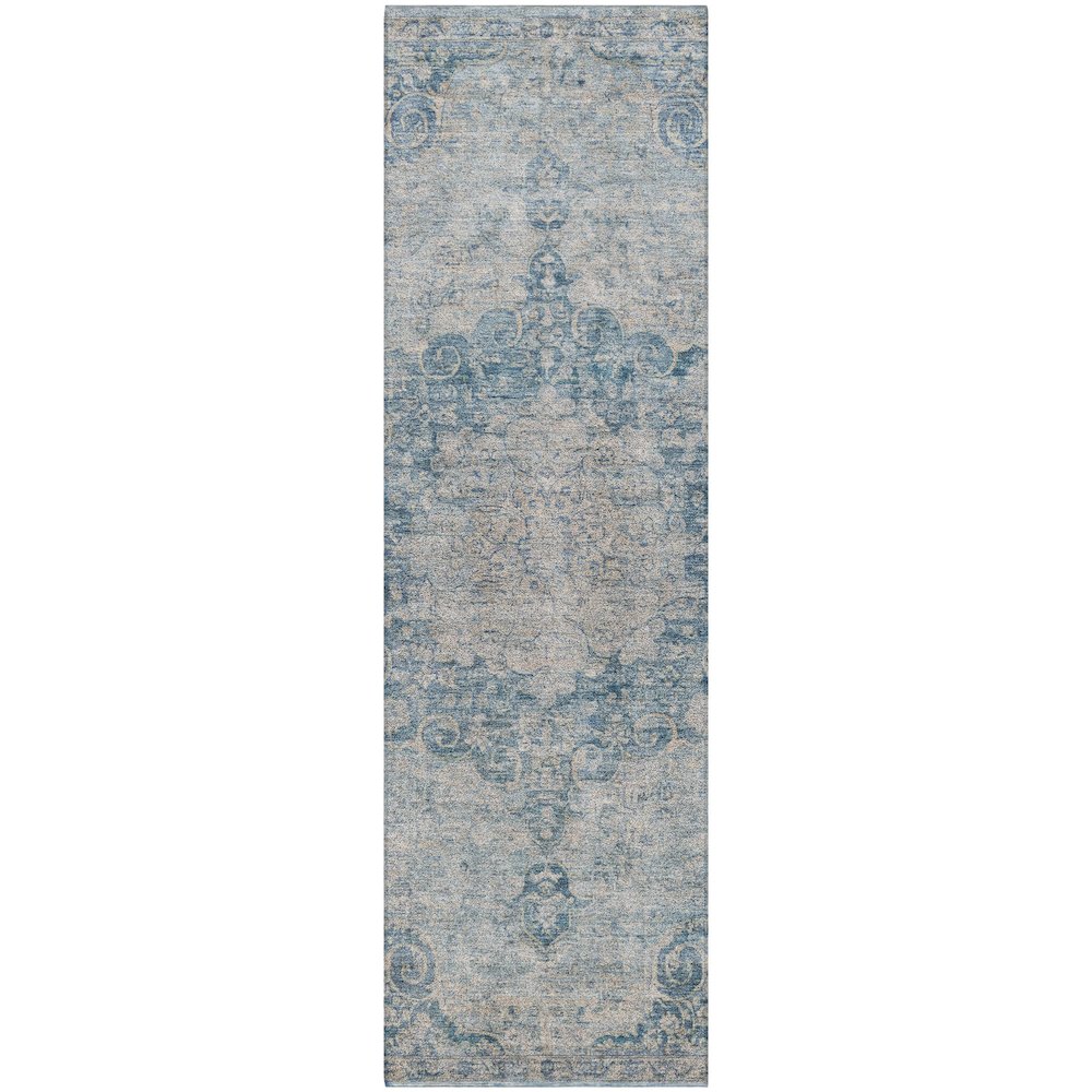 Luxury Washable Indoor/Outdoor Tabrook Blue 2'3" x 7'6" Runner Rug. Picture 1