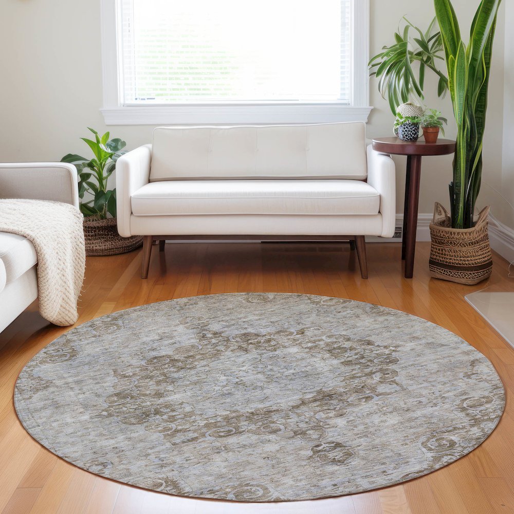 Luxury Washable Indoor/Outdoor Tabrook Chocolate 8' x 8' Round Rug. Picture 5