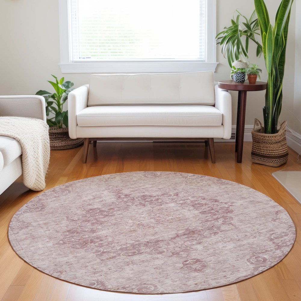 Luxury Washable Indoor/Outdoor Tabrook Pink 8' x 8' Round Rug. Picture 5