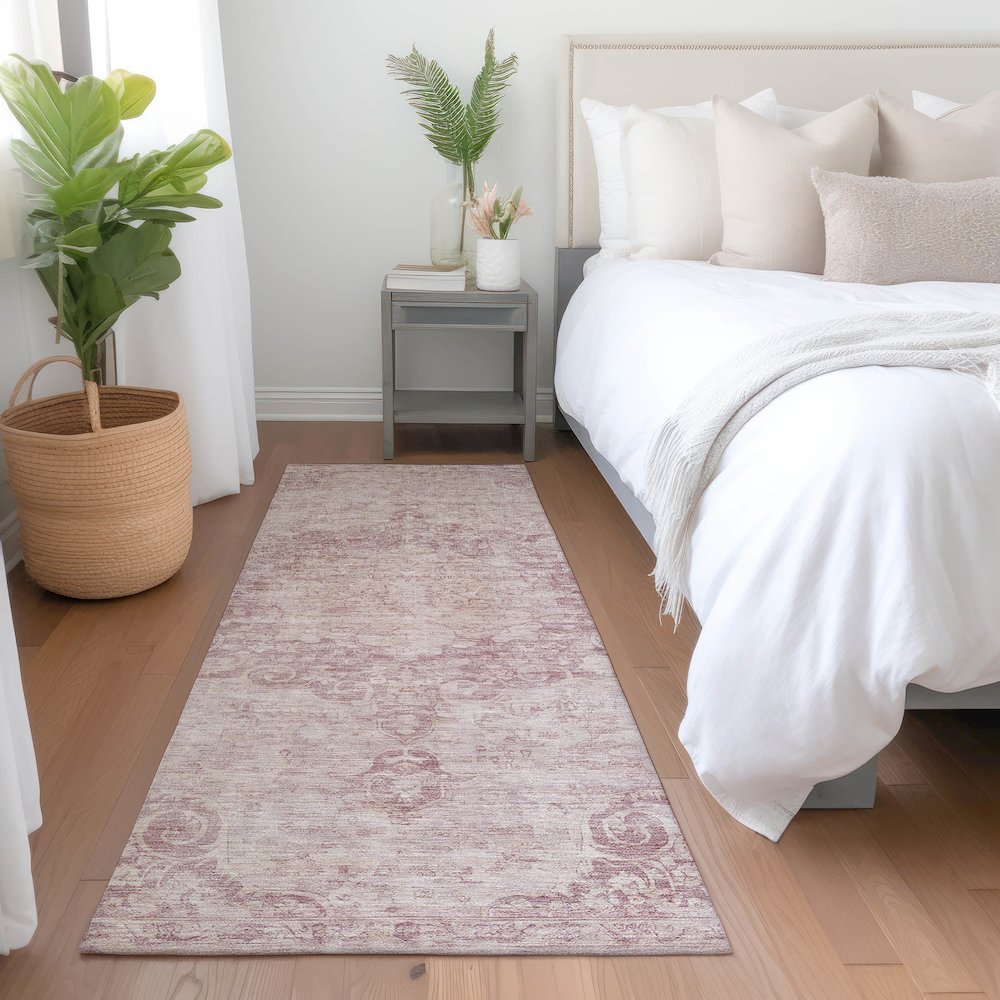 Luxury Washable Indoor/Outdoor Tabrook Pink 2'3" x 7'6" Runner Rug. Picture 5