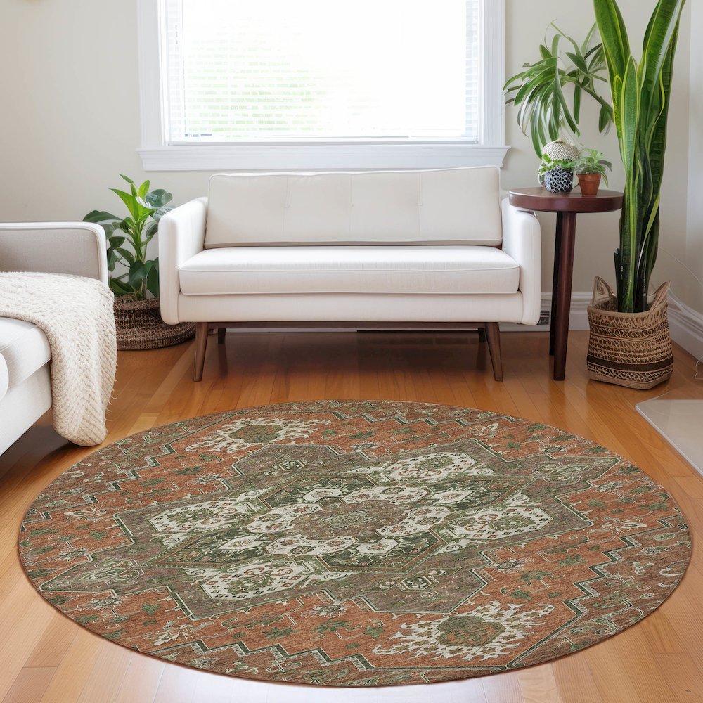 Luxury Washable Indoor/Outdoor Tabrook Rust 8' x 8' Round Rug. Picture 5