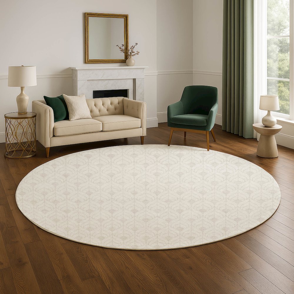 Luxury Washable Indoor/Outdoor The Reserve Ivory 8' x 8' Round Rug. Picture 5