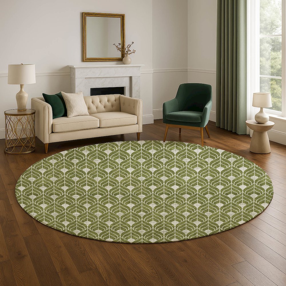 Luxury Washable Indoor/Outdoor The Reserve Olive 8' x 8' Round Rug. Picture 5