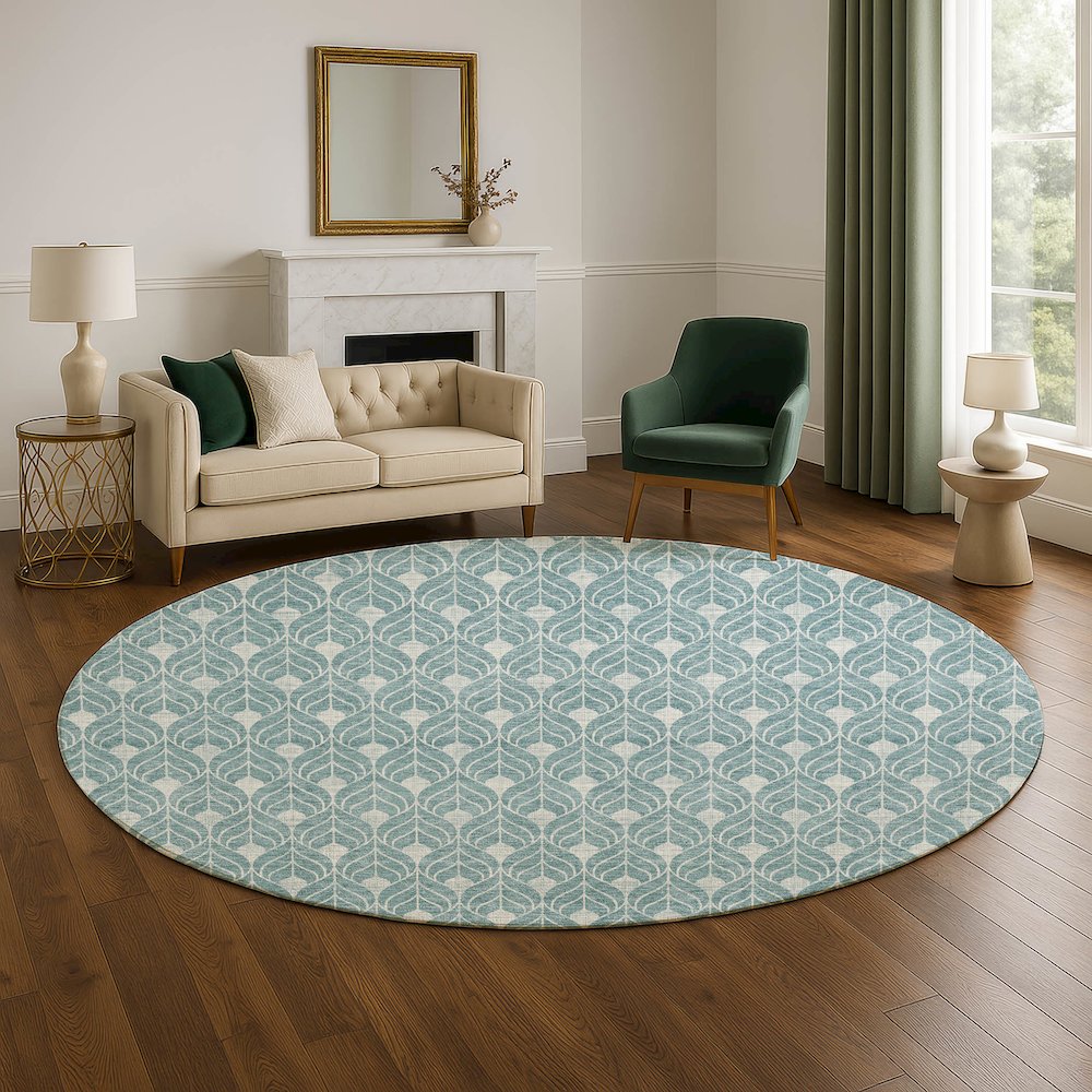 Luxury Washable Indoor/Outdoor The Reserve Teal 8' x 8' Round Rug. Picture 5