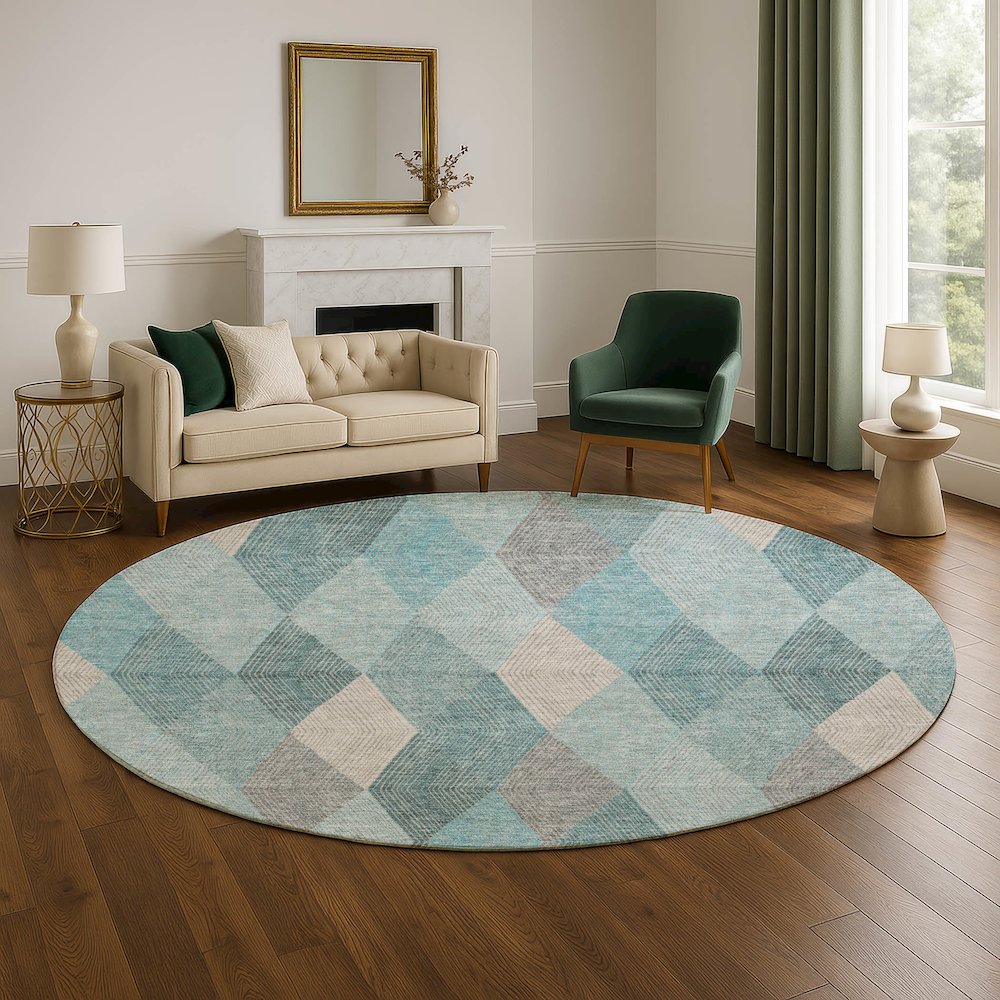 Luxury Washable Indoor/Outdoor The Reserve Turquoise 8' x 8' Round Rug. Picture 5