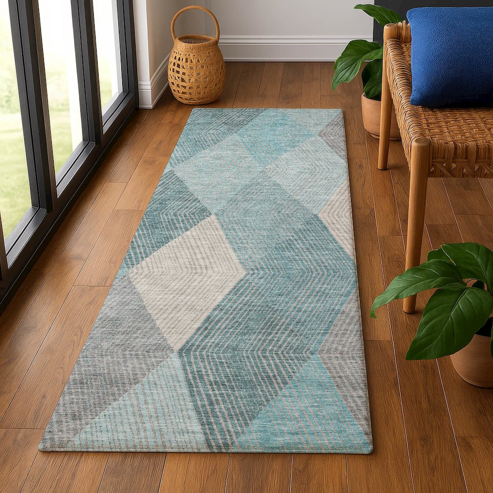Luxury Washable Indoor/Outdoor The Reserve Turquoise 2'3" x 7'6" Runner Rug. Picture 5