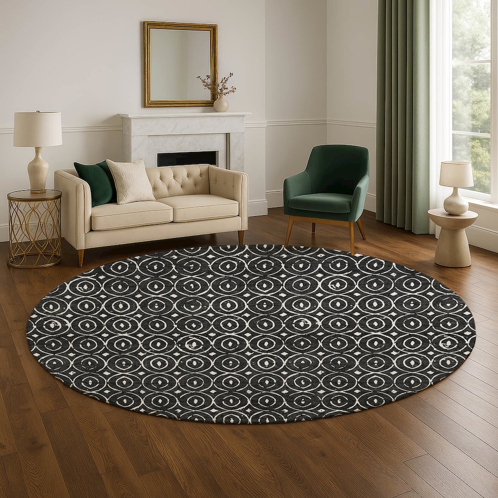 Luxury Washable Indoor/Outdoor The Reserve Black 8' x 8' Round Rug. Picture 5