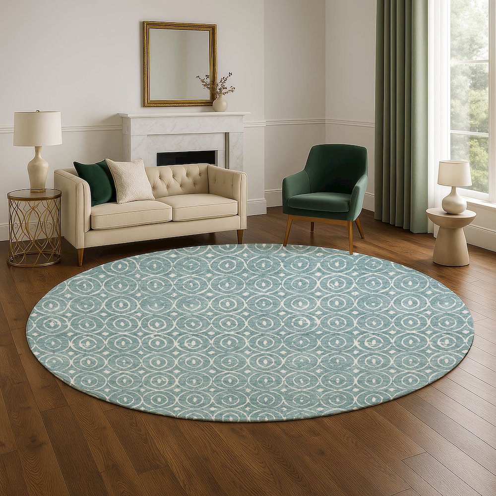 Luxury Washable Indoor/Outdoor The Reserve Turquoise 8' x 8' Round Rug. Picture 5