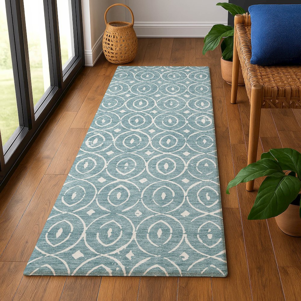Luxury Washable Indoor/Outdoor The Reserve Turquoise 2'3" x 7'6" Runner Rug. Picture 5