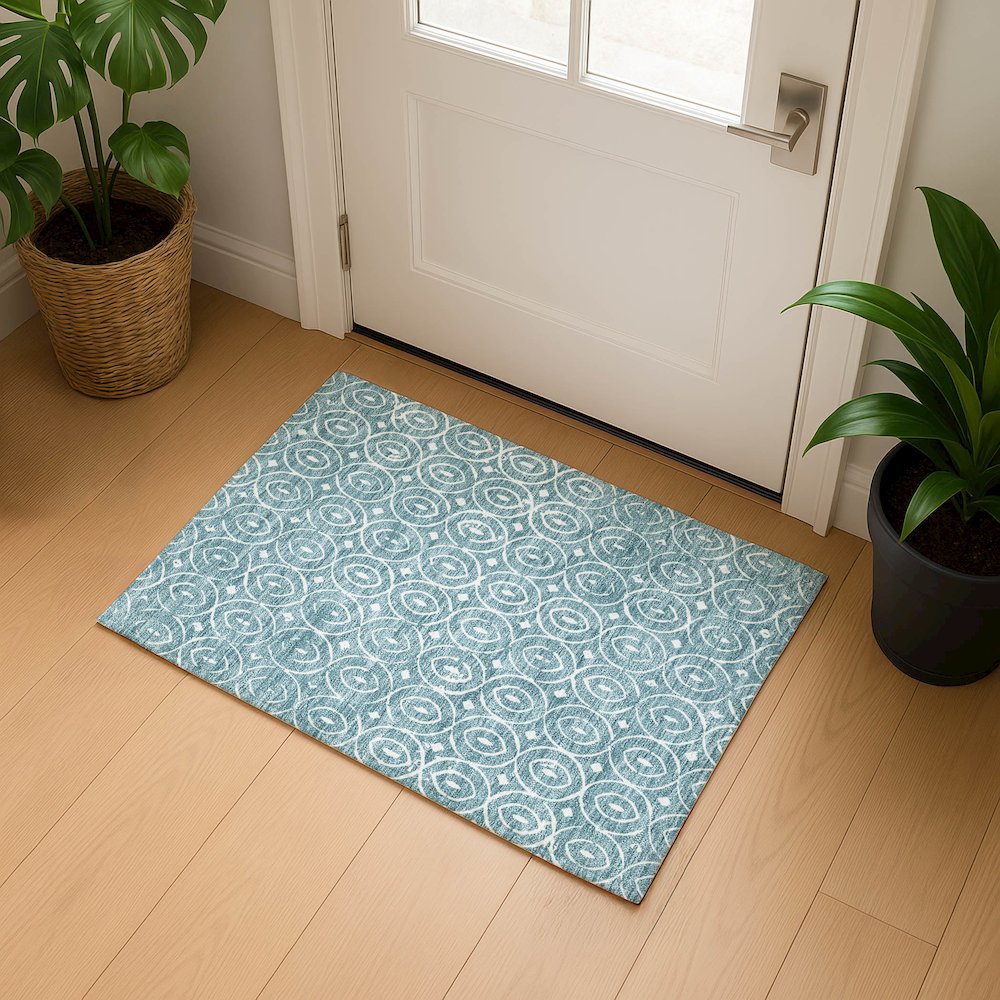 Luxury Washable Indoor/Outdoor The Reserve Turquoise 1'8" x 2'6" Rug. Picture 5